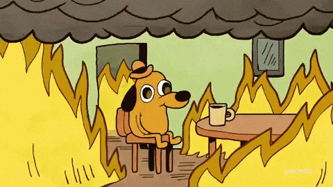This is fine dog sitting at a table in a room that's on fire