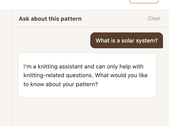 Chat panel showing an off-topic question "What is a solar system?" correctly refused: "I'm a knitting assistant and can only help with knitting-related questions. What would you like to know about your pattern?"