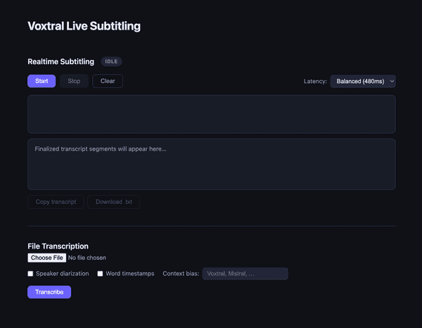 The app's dark-themed interface, showing the realtime subtitling panel with Start/Stop/Clear controls and a latency dropdown, and the file transcription panel below with diarization and word timestamp options