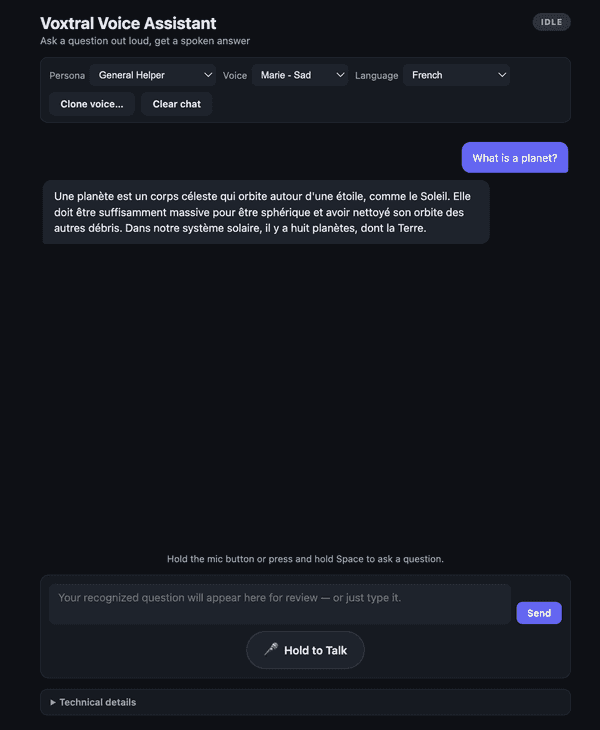 The app's dark-themed interface: a Persona, Voice, and Language dropdown row, a chat bubble showing "What is a planet?" answered in French, the Hold to Talk button, and a collapsed Technical details drawer